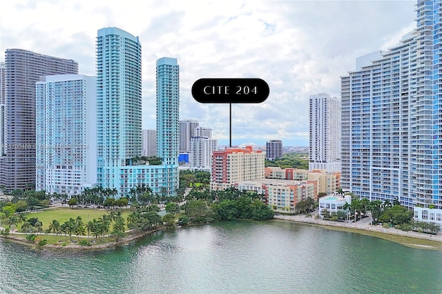 property's view of city featuring a water view