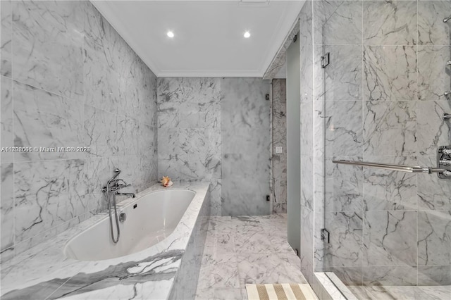 15701 Collins Ave Unit 703, Sunny Isles Beach, FL 33160 - full bath with a garden tub, a marble finish shower, recessed lighting, and tile walls