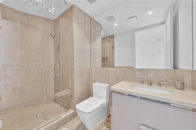 15701 Collins Ave Unit 703, Sunny Isles Beach, FL 33160 - full bathroom with tile walls, a stall shower, vanity, toilet, and recessed lighting