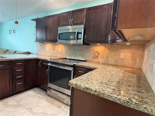 kitchen featuring decorative backsplash, appliances with stainless steel finishes, dark brown cabinets, and light tile patterned flooring