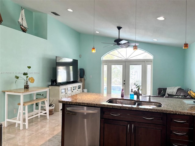 kitchen with french doors, sink, stainless steel dishwasher, ceiling fan, and light stone countertops