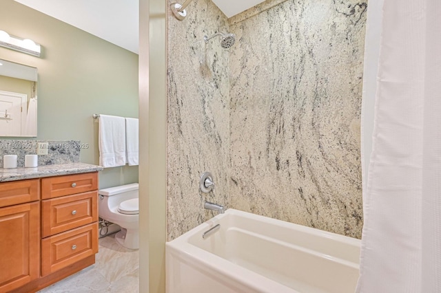 671 Live Oak Ln, La Belle, FL 33935 - full bathroom featuring backsplash, vanity, toilet, marble finish floor, and shower / tub combo with curtain