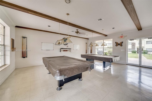 recreation room featuring beamed ceiling, ornamental molding, and billiards