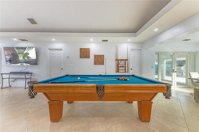 game room featuring light tile patterned floors, billiards, and french doors