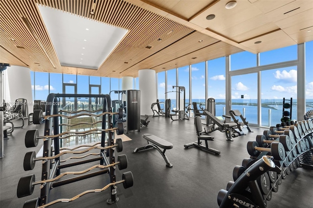 workout area featuring a water view, a healthy amount of sunlight, and floor to ceiling windows