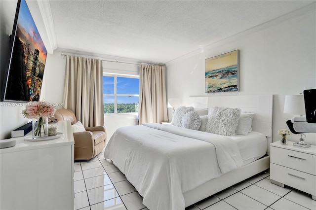 tiled bedroom with crown molding and a textured ceiling