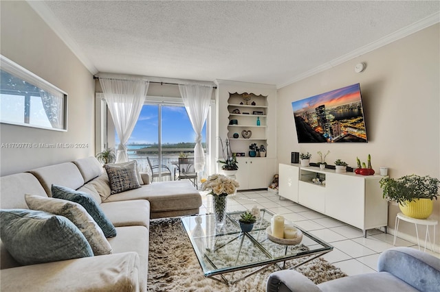 tiled living room featuring a textured ceiling and crown molding