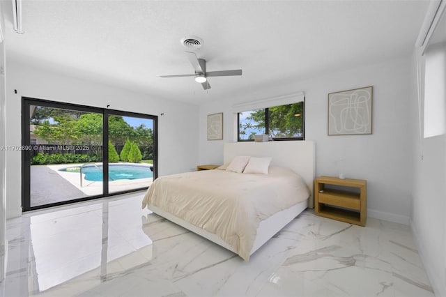 bedroom featuring multiple windows, access to outside, and ceiling fan