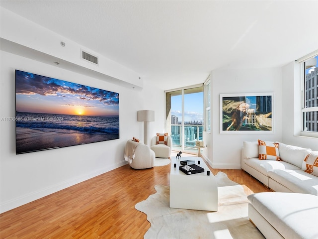 living room featuring light hardwood / wood-style floors and a wall of windows