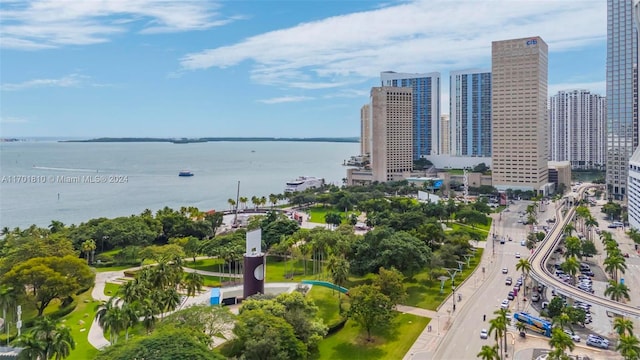 aerial view featuring a water view