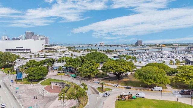 aerial view featuring a water view