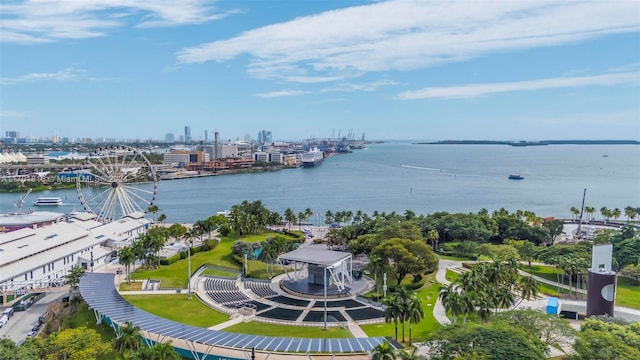 drone / aerial view with a water view