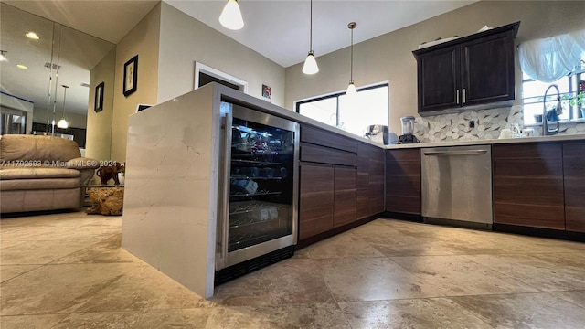 kitchen featuring wine cooler, high vaulted ceiling, and stainless steel dishwasher