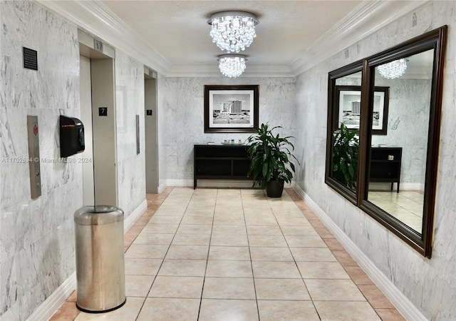 corridor with a chandelier, light tile patterned floors, and ornamental molding