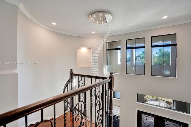 hall featuring hardwood / wood-style flooring, ornamental molding, and a textured ceiling