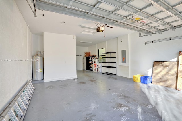 garage featuring electric water heater, electric panel, and a garage door opener