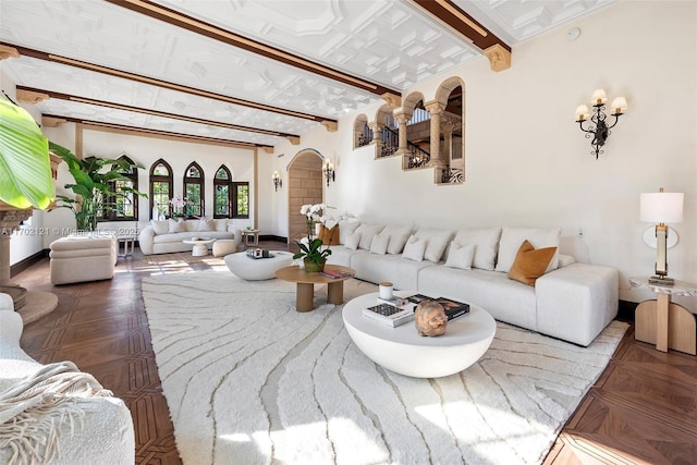 living room featuring parquet flooring