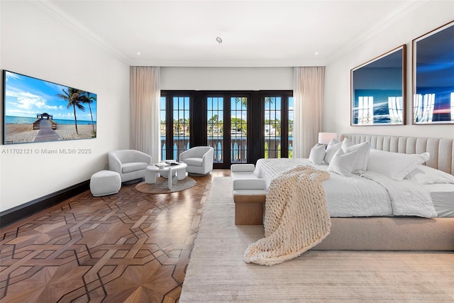 bedroom featuring access to outside, french doors, and ornamental molding