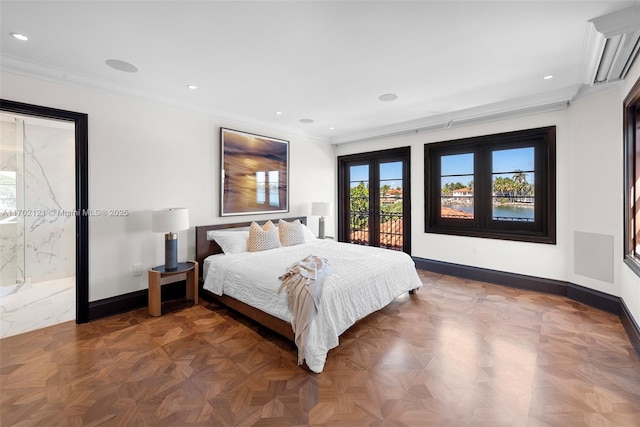 bedroom featuring ornamental molding, access to outside, and dark parquet floors