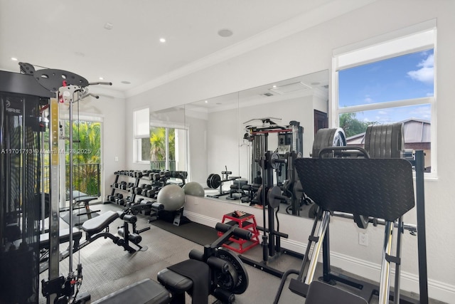 gym featuring crown molding and plenty of natural light