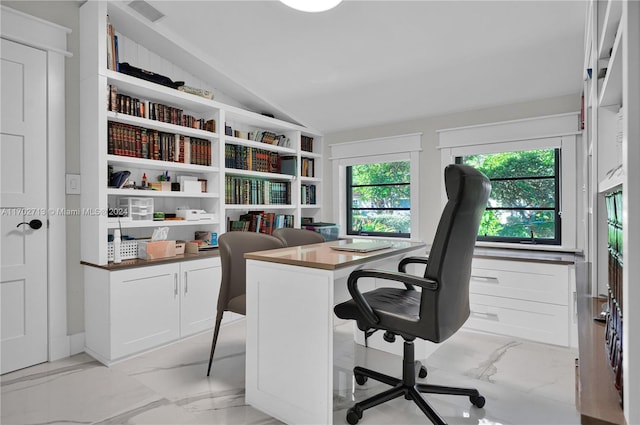 office space with lofted ceiling