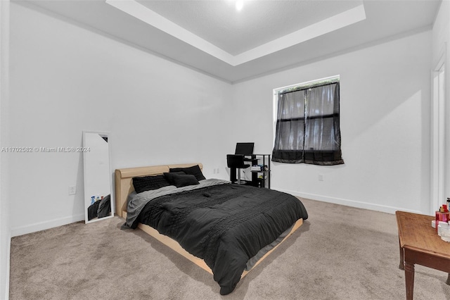 carpeted bedroom with a raised ceiling