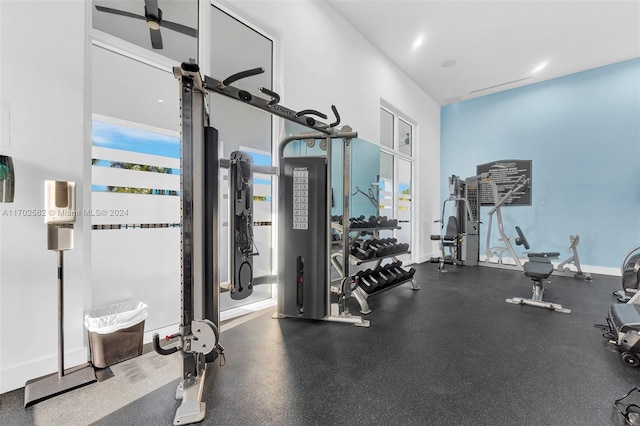 gym featuring ceiling fan