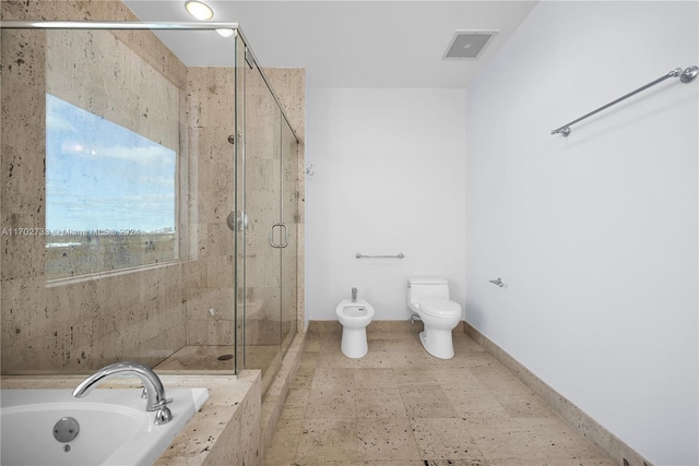 bathroom featuring a bidet, shower with separate bathtub, and toilet