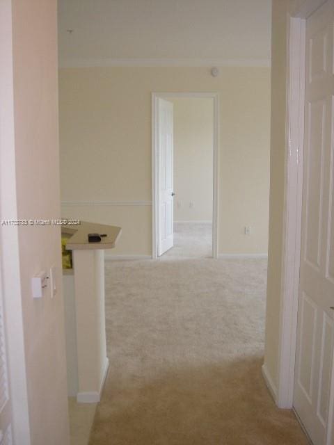 hallway with light colored carpet