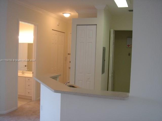 hallway featuring sink and crown molding