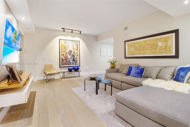 living room with rail lighting and light wood-type flooring