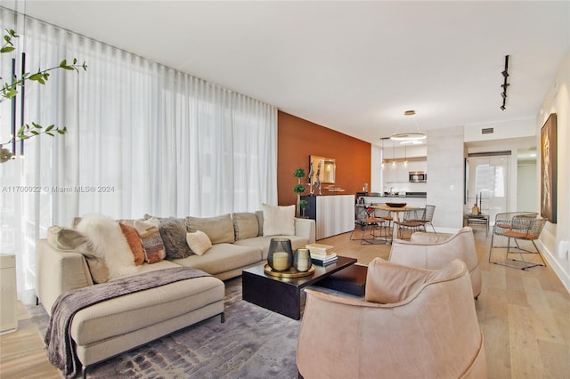 living room with track lighting and hardwood / wood-style flooring