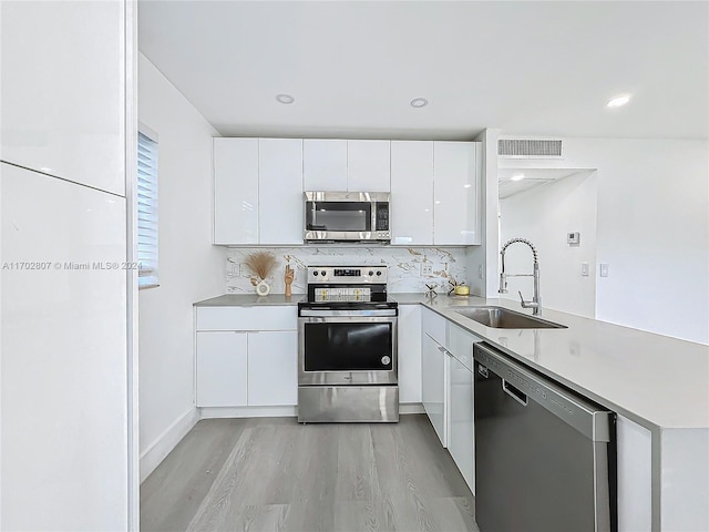 kitchen with sink, light wood-type flooring, white cabinetry, kitchen peninsula, and stainless steel appliances