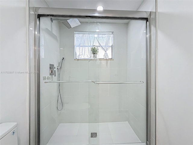 bathroom featuring toilet and a stall shower