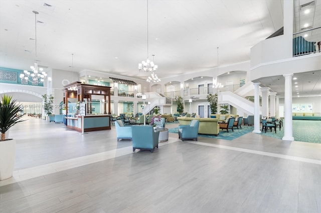 community lobby with a high ceiling