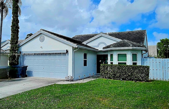 single story home featuring a garage and a front lawn