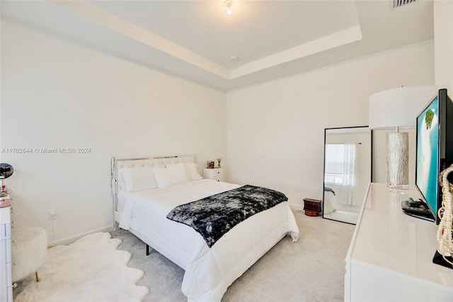 bedroom with light carpet and a raised ceiling