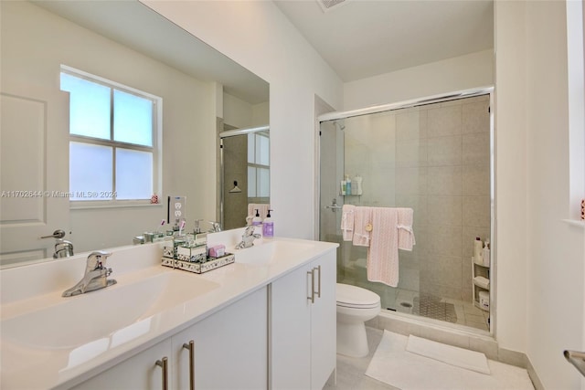 bathroom with tile patterned flooring, vanity, toilet, and a shower with door