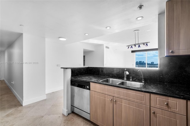 3000 Coral Way Unit 1502, Miami, FL 33145 - kitchen featuring a sink, dishwasher, dark stone counters, baseboards, and recessed lighting