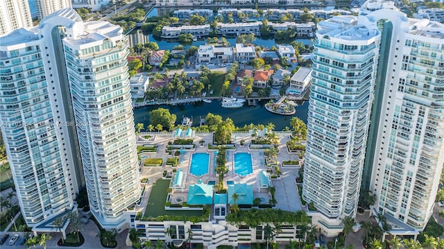 drone / aerial view featuring a water view