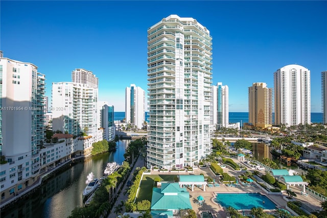 view of city with a water view