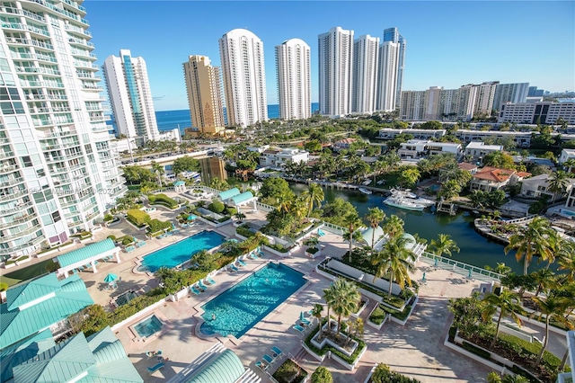 16500 Collins Ave Unit 1451, Sunny Isles Beach, FL 33160 - aerial overview of property's location featuring city skyline, a nearby body of water, and a pool area