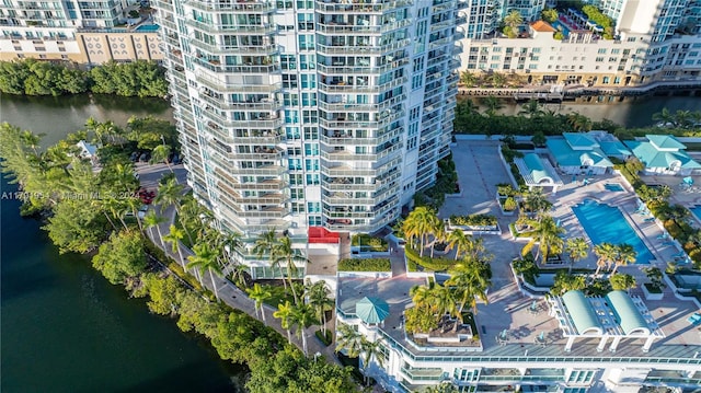 drone / aerial view with a water view