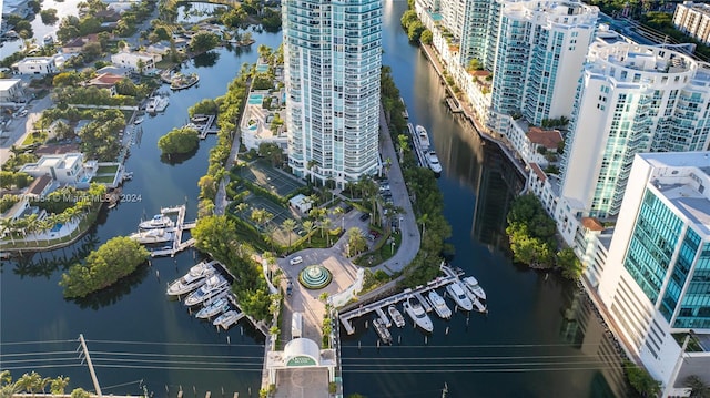 drone / aerial view featuring a water view