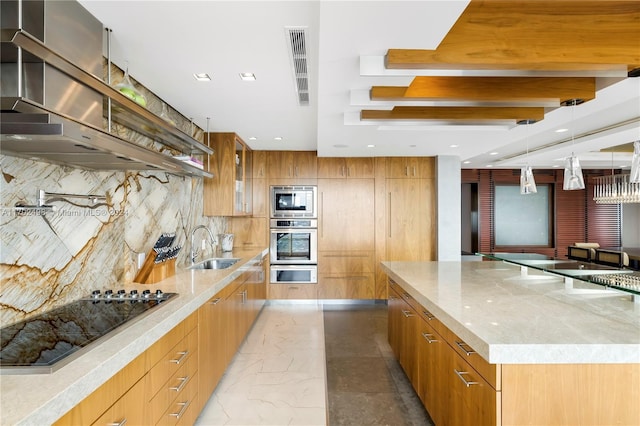 kitchen with decorative backsplash, stainless steel appliances, extractor fan, sink, and a large island