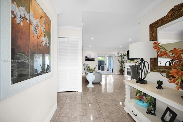 hallway featuring crown molding