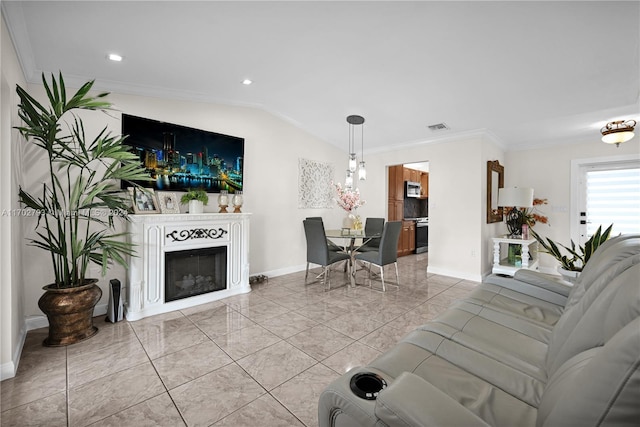living room with lofted ceiling and crown molding