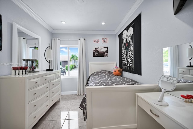 tiled bedroom featuring crown molding