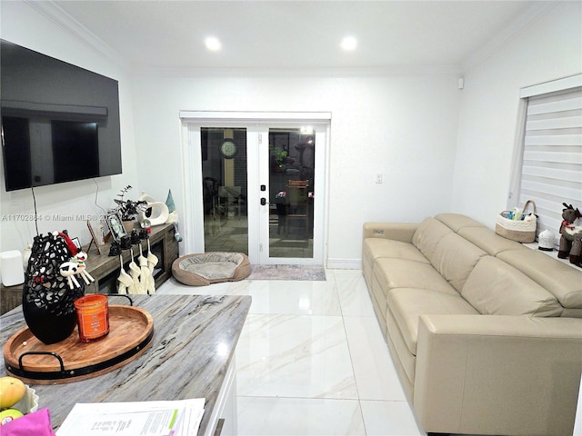 living room featuring french doors and ornamental molding