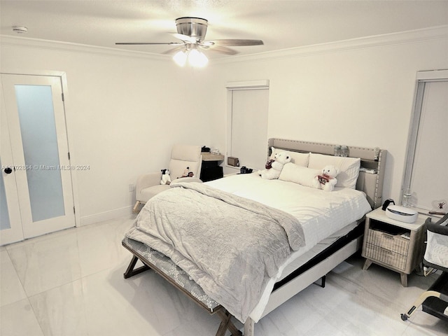 bedroom featuring ceiling fan and crown molding